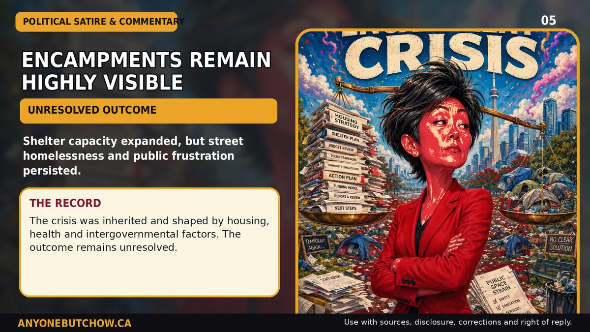 Political parody illustration for Street homelessness and encampments remain highly visible