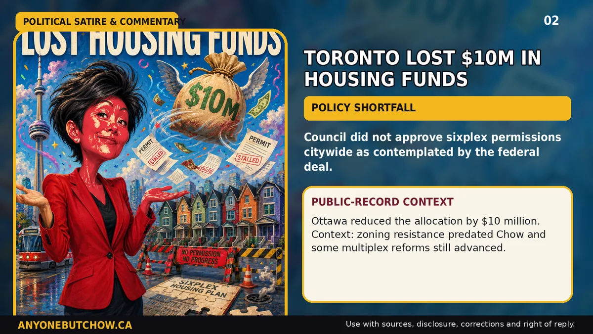 Political parody illustration for Toronto lost $10 million in federal housing funding