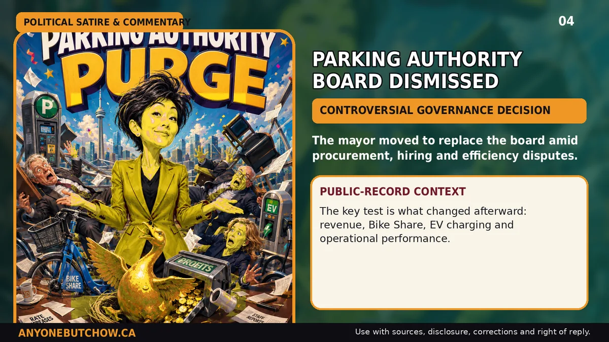 Political parody illustration for Council replaced the Toronto Parking Authority board