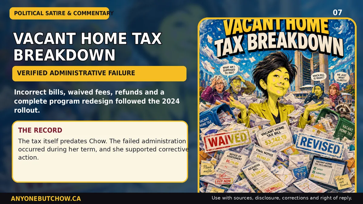 Political parody illustration for Vacant Home Tax rollout forced refunds and a redesign